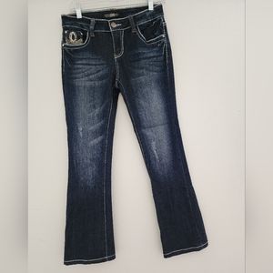 Cello boot legs jeans woman Embellished blue Denim cross wings size 8